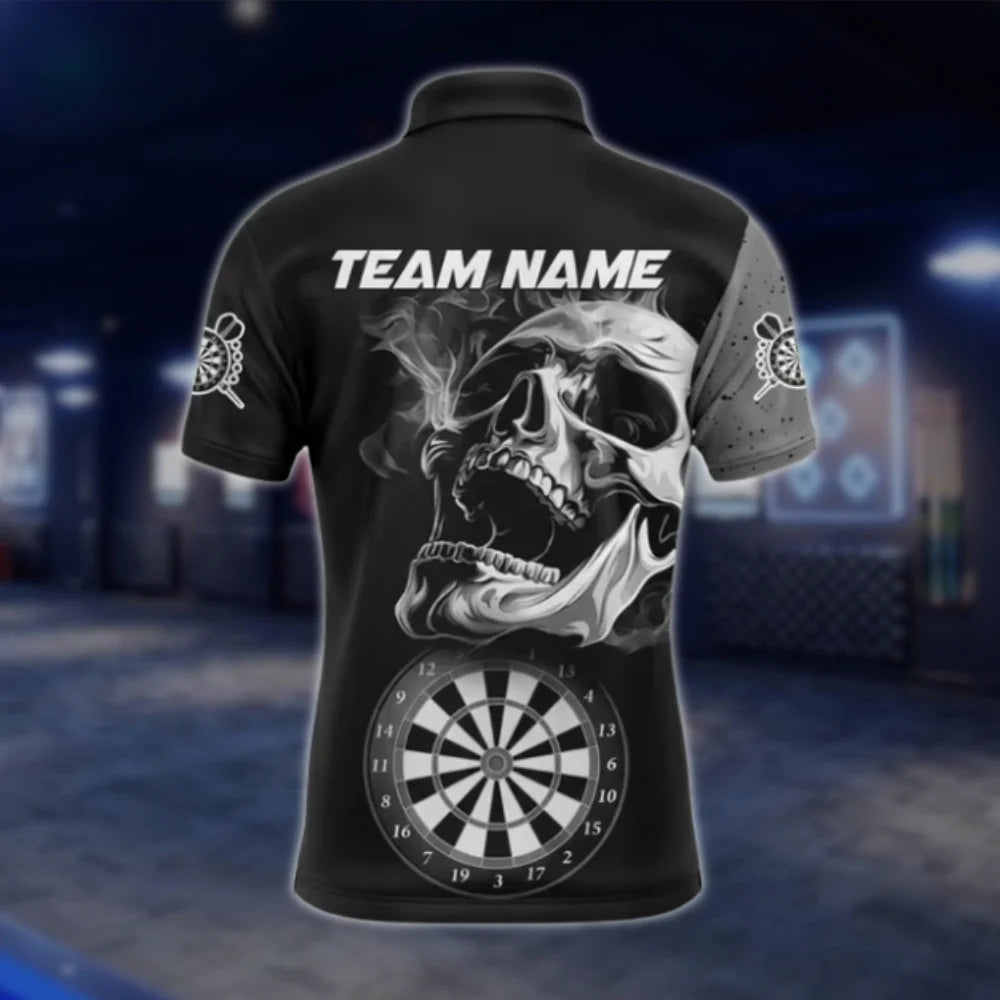 Custom Skeleton Black Grey Dart Polo Shirt For Men, Custom Skull Darts Shirt Team DAT0353