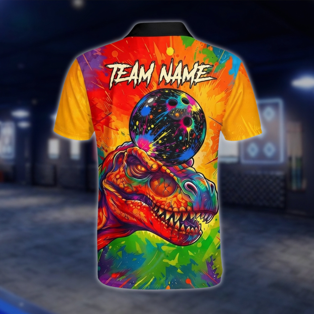 Personalized T-Rex Mens Colorful Bowling Polo Shirt, Custom Dinosaur Team Bowling Shirt BZ0927 BOW0014