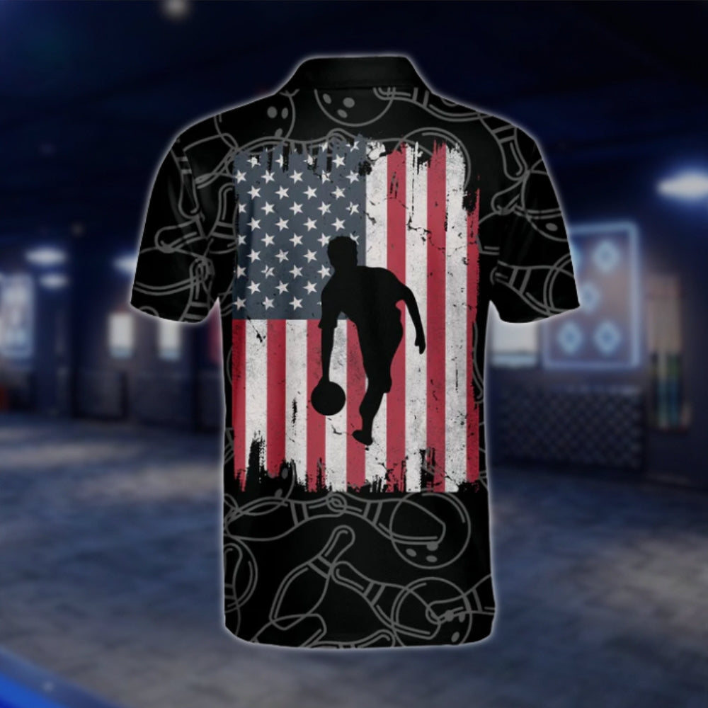 Custom American Flag Grunge Mens Black Bowling Polo Shirt, Custom Patriotic Bowling Team Shirts BM0323 BOW0439