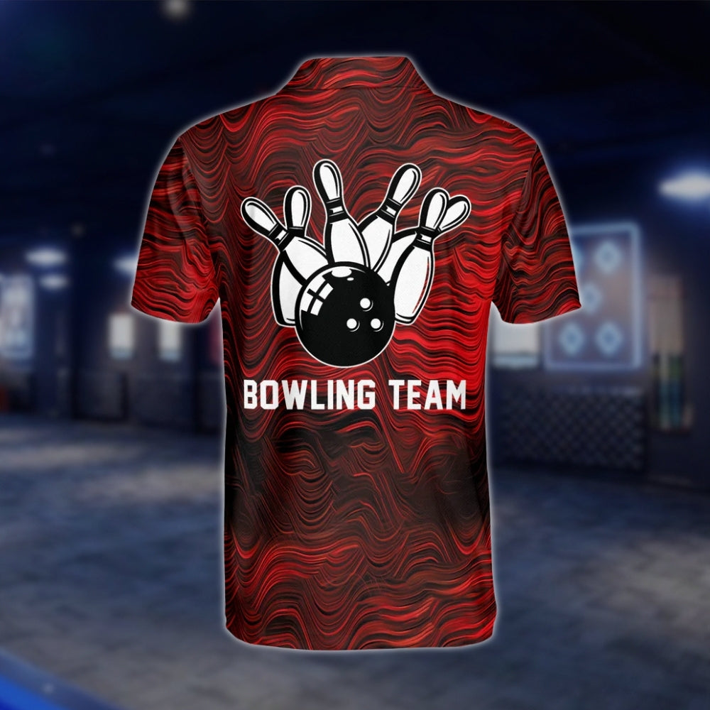 Custom Team Red Wave Abstract Bowling Polo Shirts For Mens, Custom Bowling Team Shirt BZ0170 BOW0496