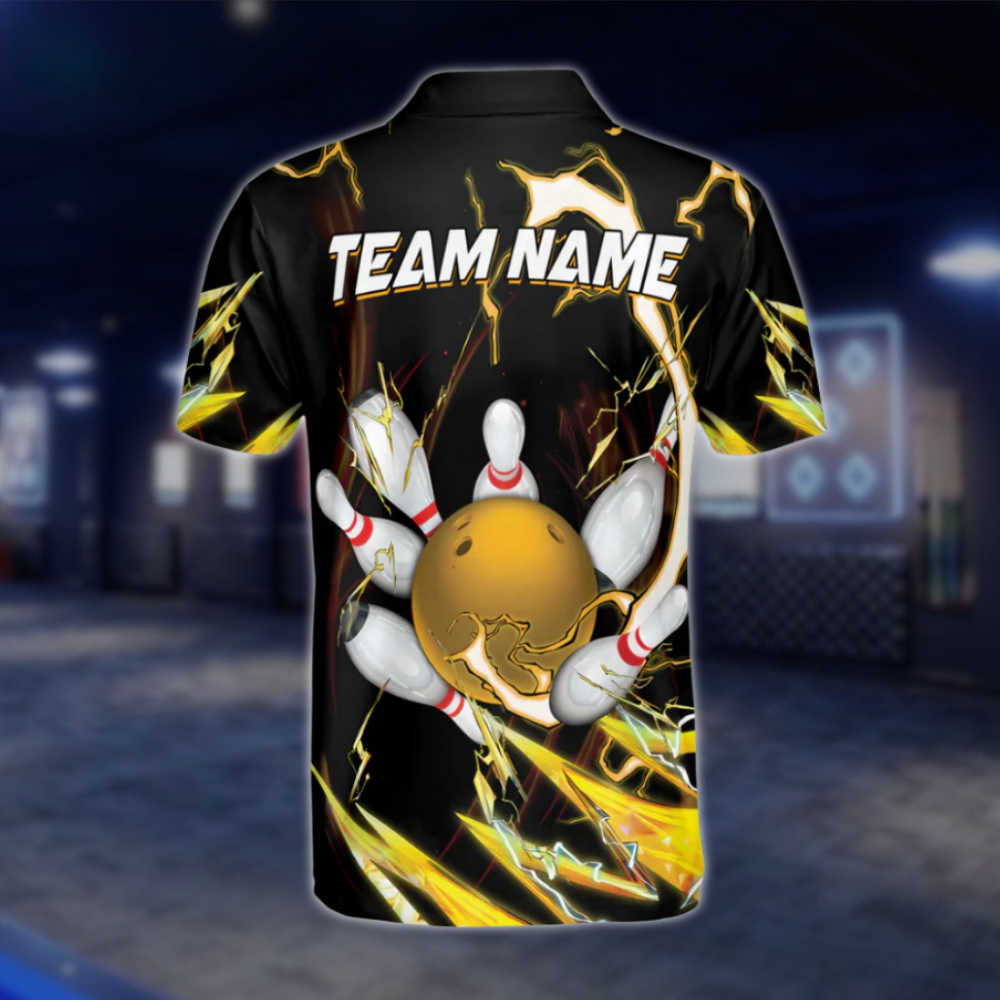 Custom Thunder Black Yellow Mens Bowling Polo Shirts, Custom Team Bowling Shirts BE0042 BOW0297