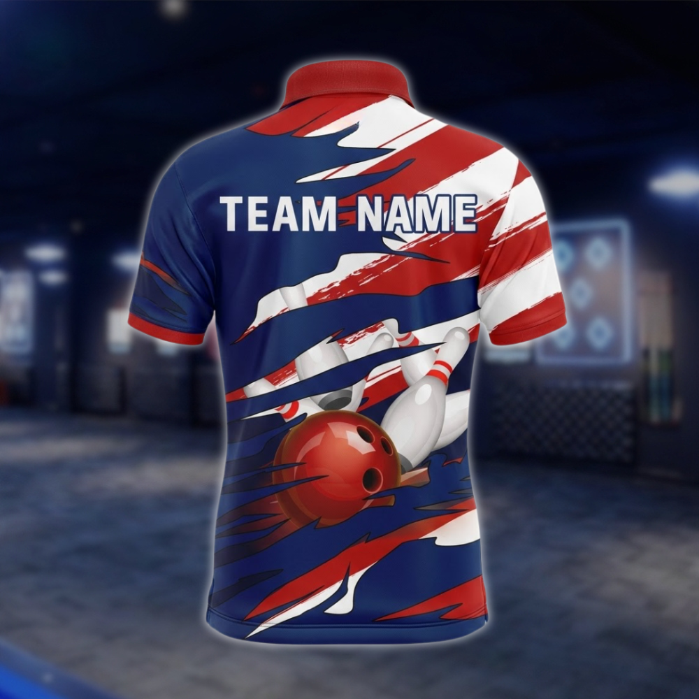 Personalized USA Flag Grunge Bowling Polo Shirt For Men, Custom Patriotic Bowling Shirts Team BZ0742 BOW0177