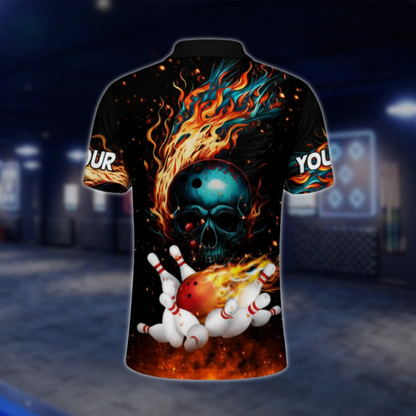Custom Flame Skull Bowling Polo Shirts Men, Custom Skull Bowling Shirt BZ0465 BOW0481