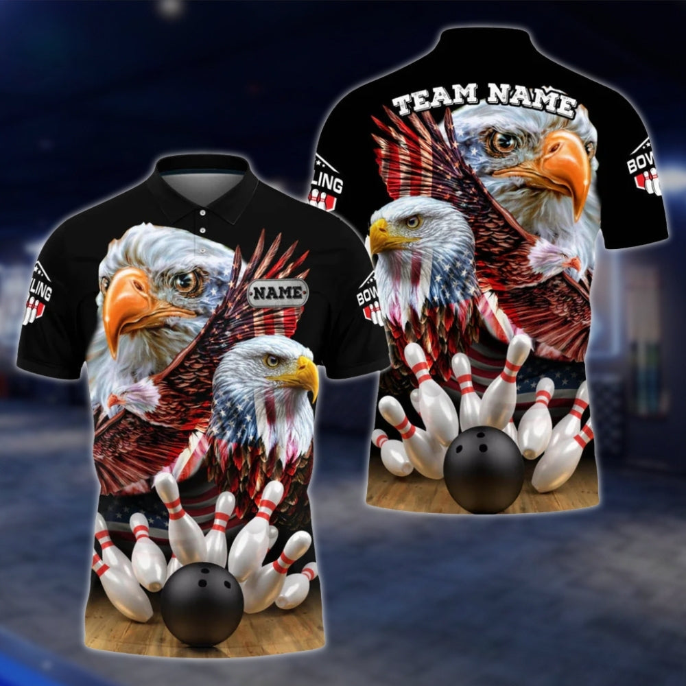 Custom Eagle American Flag Bowling Mens Polo Shirt, Custom Patriotic Eagle Bowling Team Shirts BO0087 BOW0196