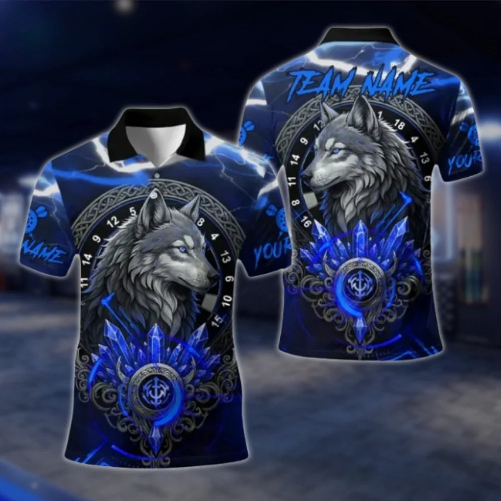 Custom Wolf Cyan Dart Mens Polo Shirt, Custom Wolf Dart Team Shirts DAT0364