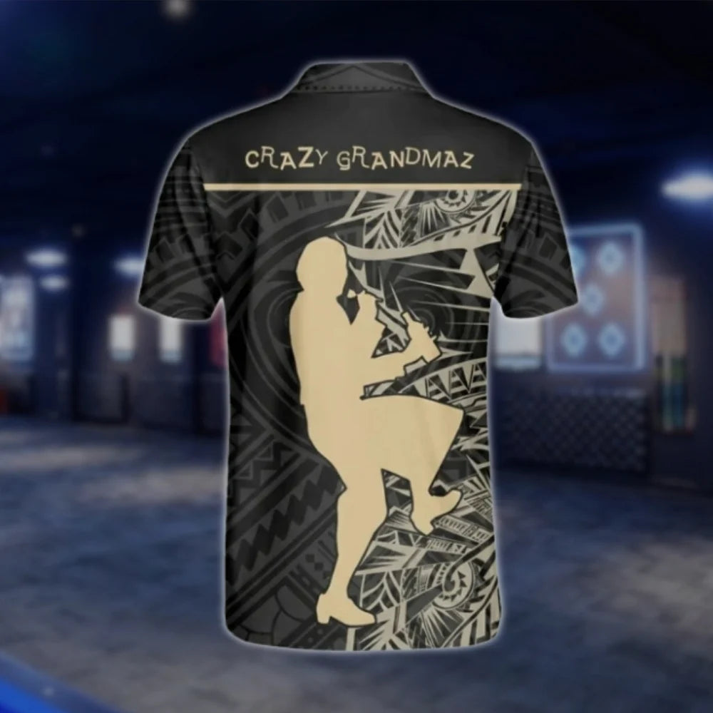 Crazy Grandmaz Custom Tribal Black Beige Darts Polo Shirt For Men, Custom Tribal Dart Shirts DAT0462