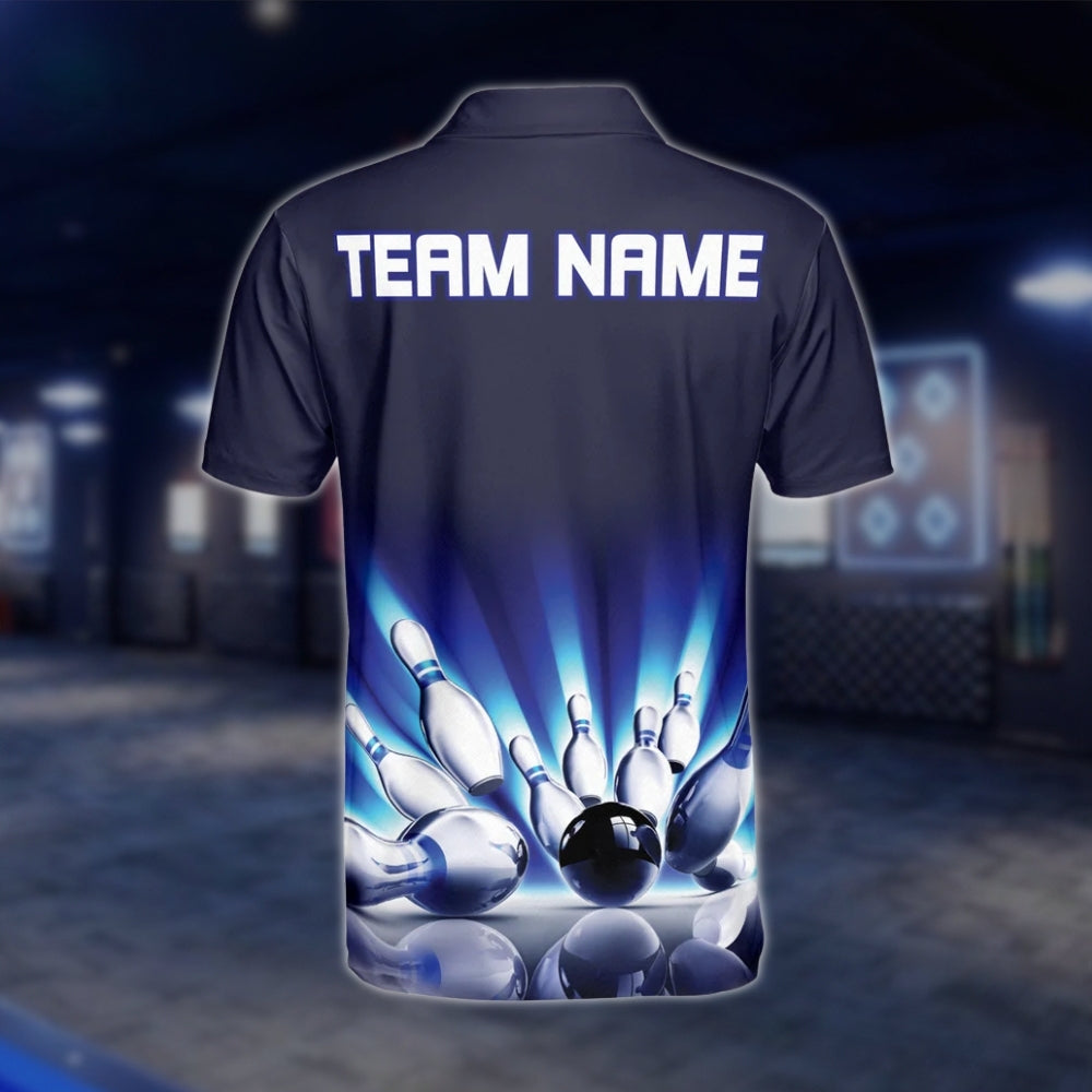 Custom Team Blue Black Mens Bowling Polo Shirt, Custom Bowling Shirts BZ0063 BOW0199