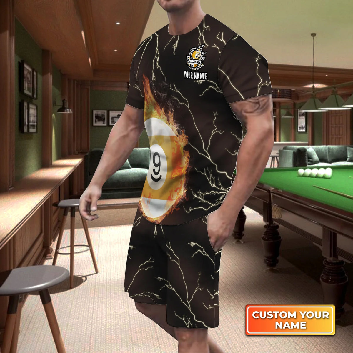 Billiard 9 Ball Fire Flame Club Custom Name 3D Short Sleeve T-Shirt Men's Board Shorts ORN0300