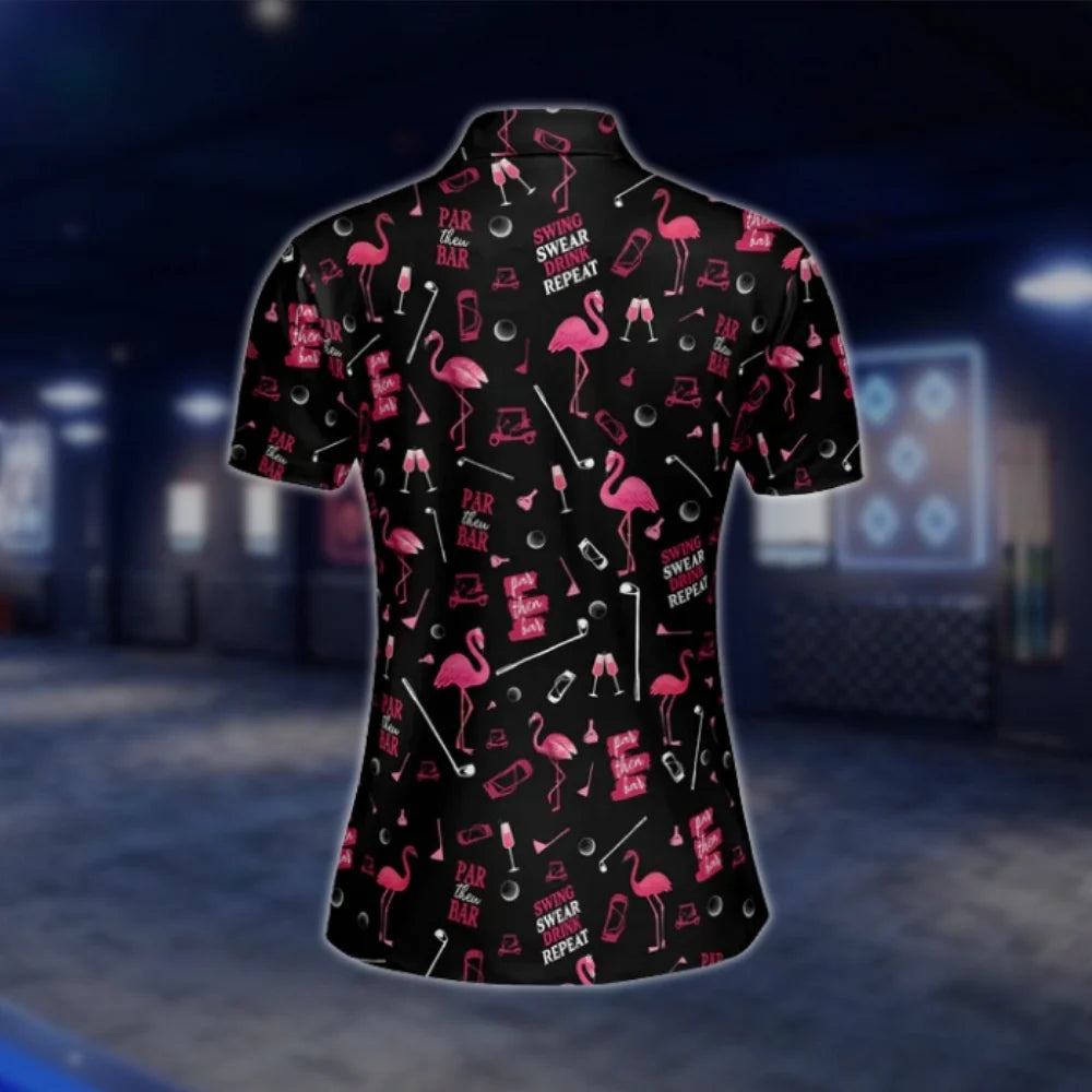 Pink Flamingo Golf Polo Shirts For Women, Ladies Flamingo Golf Shirts GOF0280