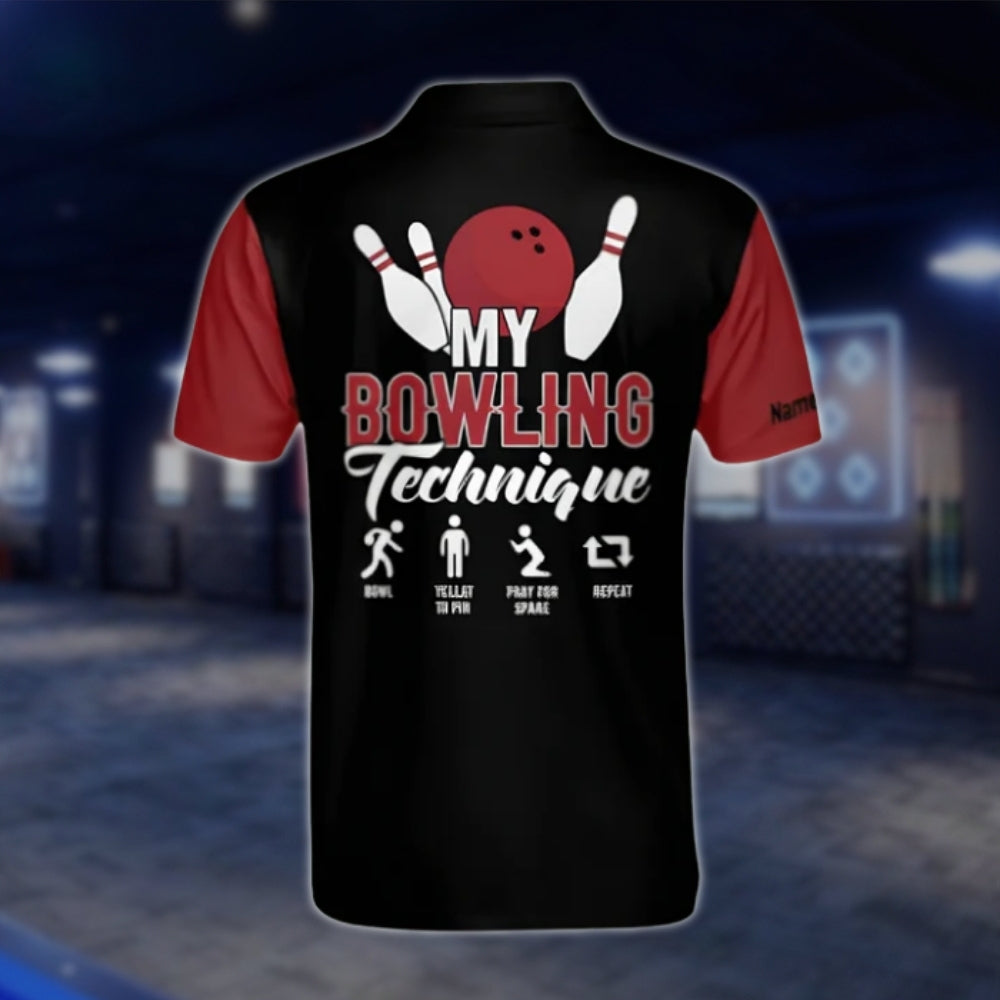 Custom My Bowling Technique Men's Bowling Polo Shirt, Black And Red Custom Funny Bowling Polo Shirts BM0299 BOW0373