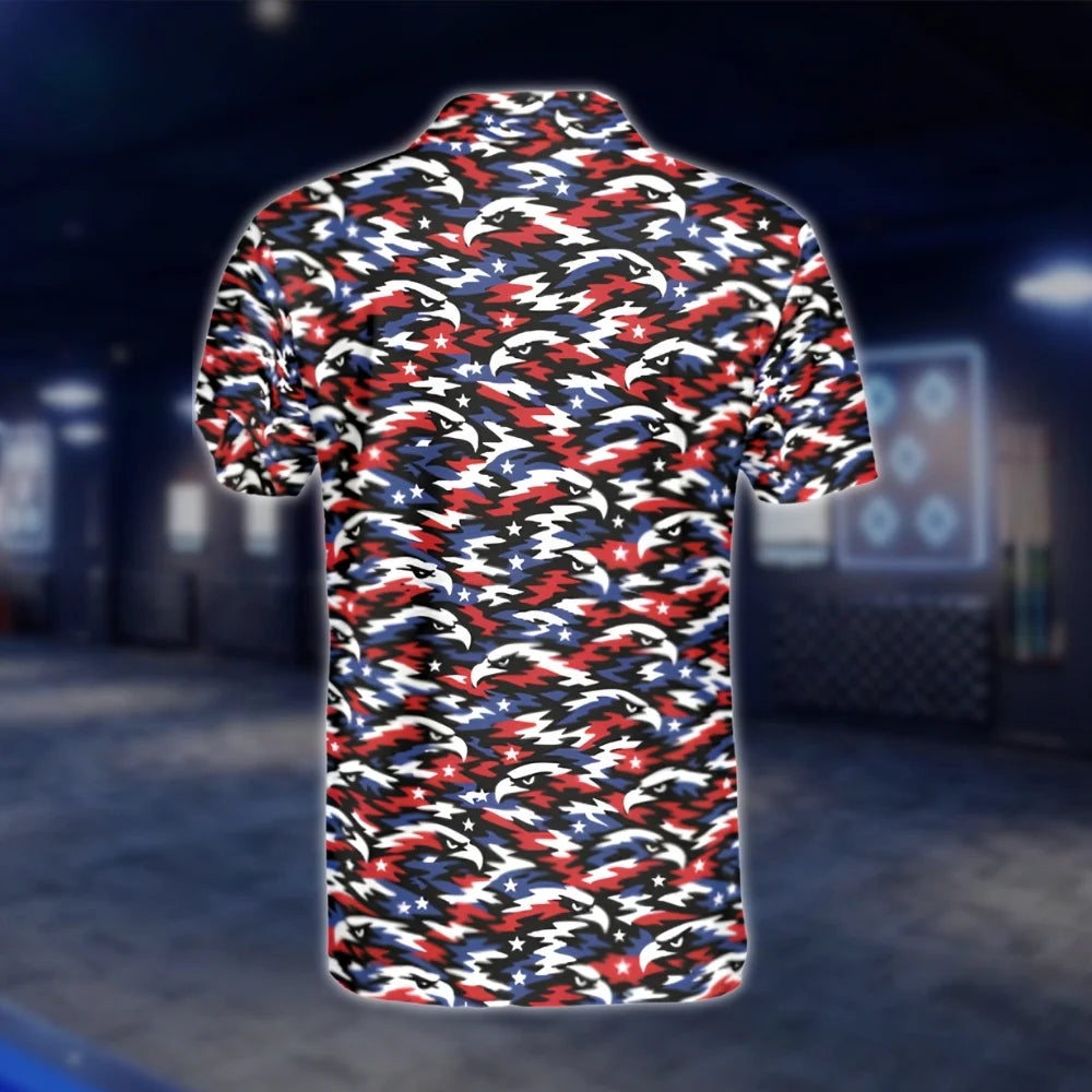 Eagle Red Blue White Pattern Mens Golf Polo Shirt, Patriotic Eagle Golf Shirts GOF0105