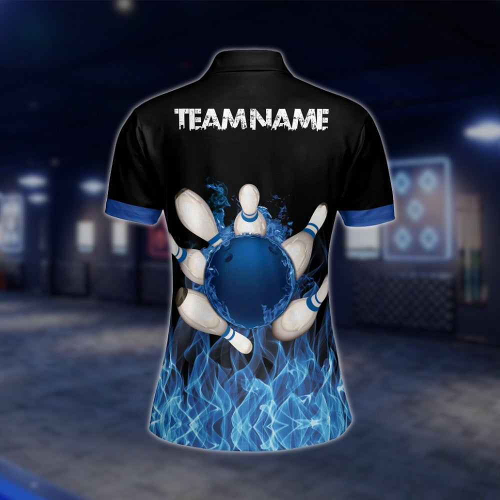 Blue Flame Custom Womens Bowling Polo Shirt, Custom Flame Bowling Team Shirts For Ladies BW0153 BOW0216