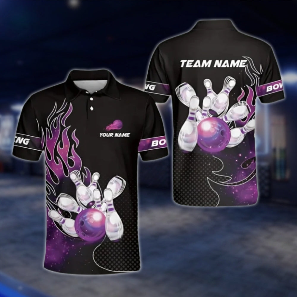 Custom Flaming Bowling Mens Polo Shirt, Black And Red Custom Flame Bowling Shirts Team BZ0177 BOW0379