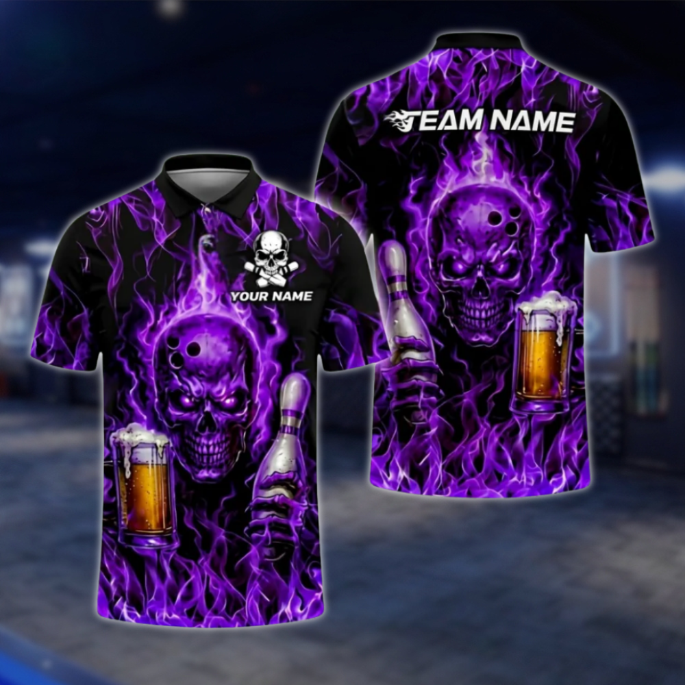 Personalised Blue Flame Skull And Beer Mens Bowling Polo Shirts, Custom Team Skull Bowling Shirts BZ0468 BOW0466