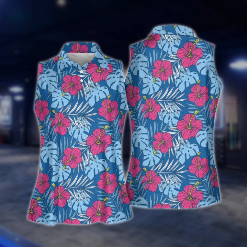 Hibiscus Tropical Matching Men And Women Blue Golf Shirts, Matching Tropical Golf Shirts For Couples GOF0181