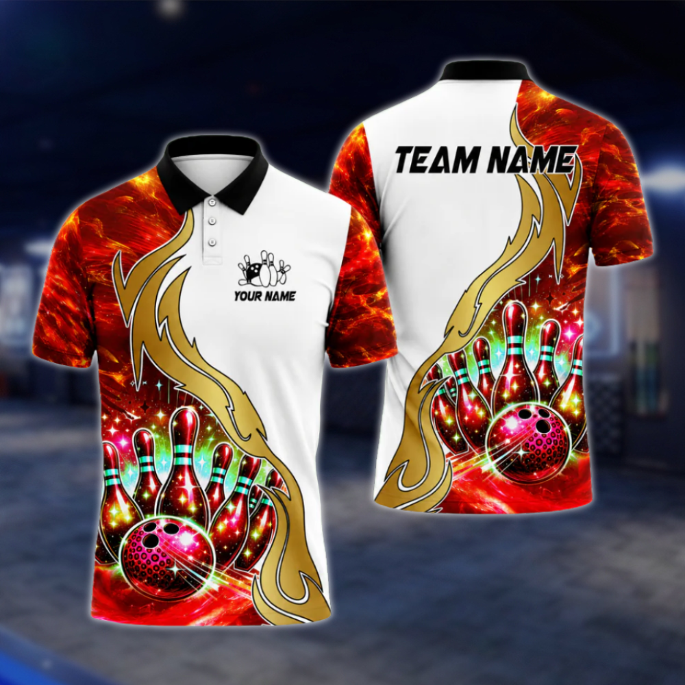 Custom Team Galaxy Pins And Ball Bowling Polo Shirt For Mens, Blue White Custom Bowling Team Shirts BZ0483 BOW0406