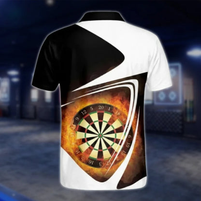 Custom Flaming Dartboard Men's Black White Dart Polo Shirt, Custom Dart Shirts DAT0252