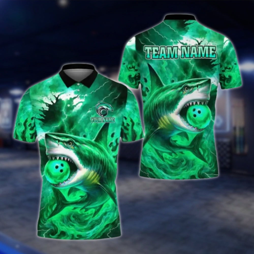 Custom Shark Blue Mens Bowling Polo Shirt, Custom Shark Team Bowling Shirts BE0111 BOW0388