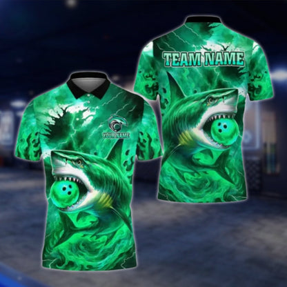 Custom Shark Blue Mens Bowling Polo Shirt, Custom Shark Team Bowling Shirts BE0111 BOW0388