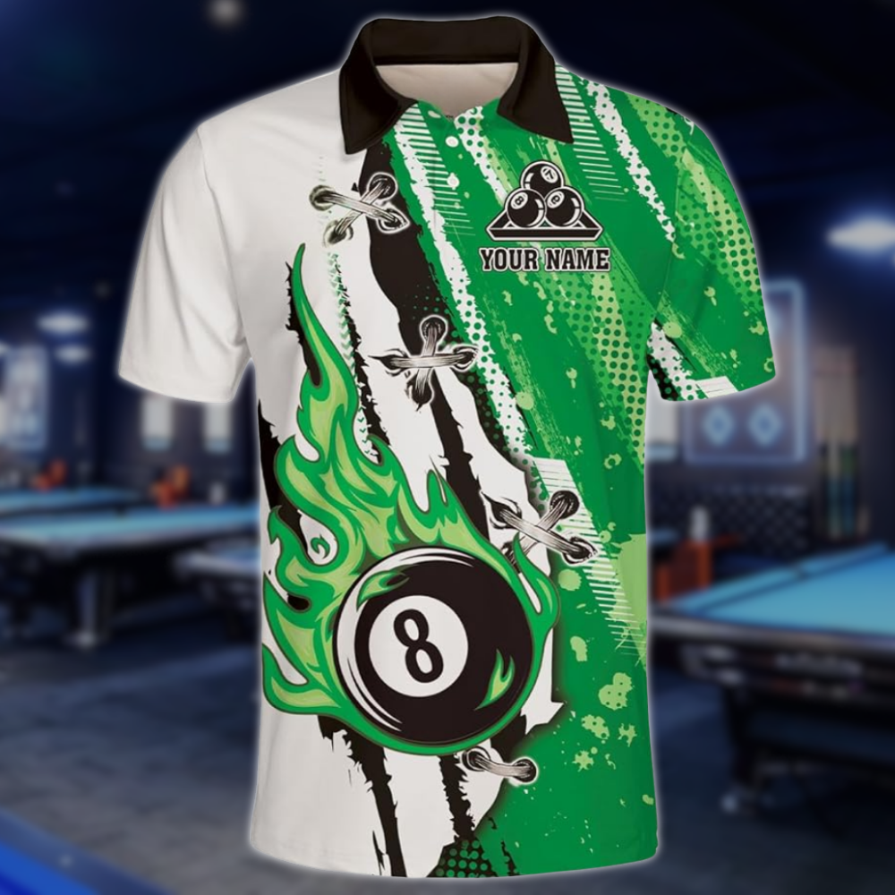 Custom Flaming 8 Ball Blue And White Billiard Men's Polo Shirt, Custom 8 Ball Billiard Team Shirts BLD0259