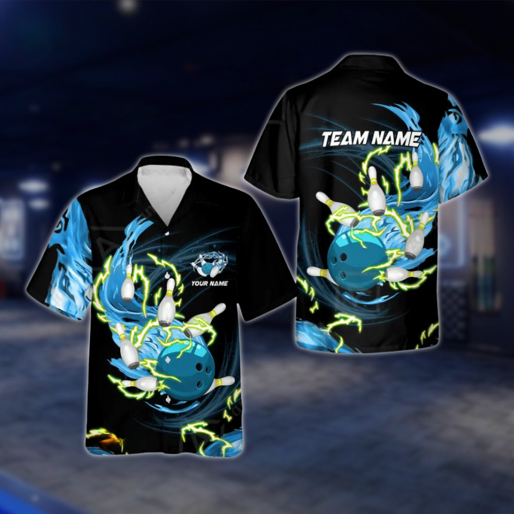 Personalized Flame Ball And Pins Bowling Hawaiian Shirt For Men, Custom Flame Team Bowling Shirt BZ0771 BOW0136