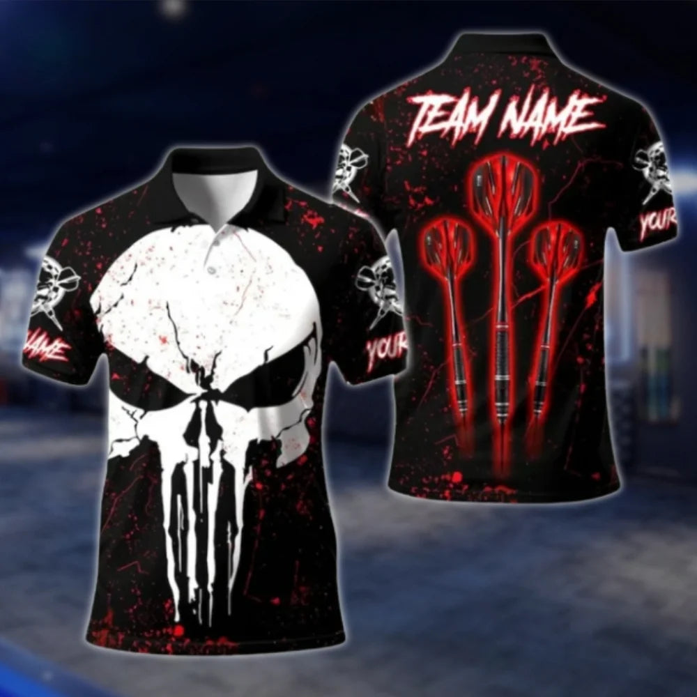 Custom Skull Blue Black Dart Polo Shirt For Men, Custom Skeleton Dart Team Shirts DAT0347