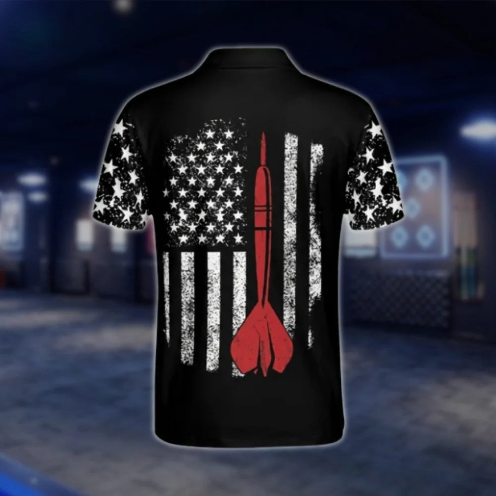Custom Skull American Flag Men's Dart Polo Shirt, Custom Skull Dart Shirts DAT0264
