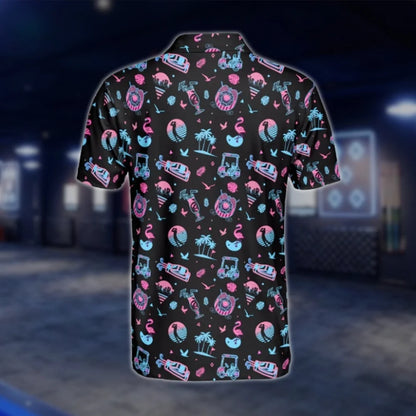 Neon Tropical Pink Blue Golf Polo Shirt For Men, Tropical Golf Shirt Black GOF0155