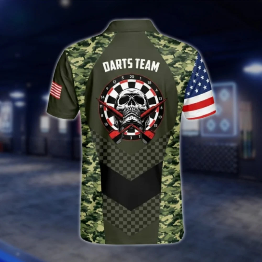 Custom Skull Camo USA Flag Dart Polo Shirt For Men, Custom Camouflage Dart Shirt For Team DAT0458