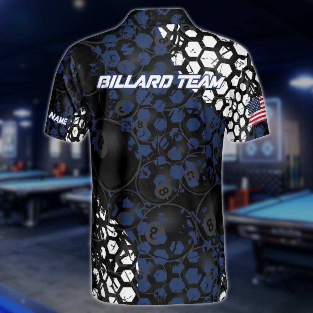 Custom Black And Blue 8 Ball Billiard Polo Shirt Mens, Custom 8 Ball Billiard Shirts For Team BLD0193