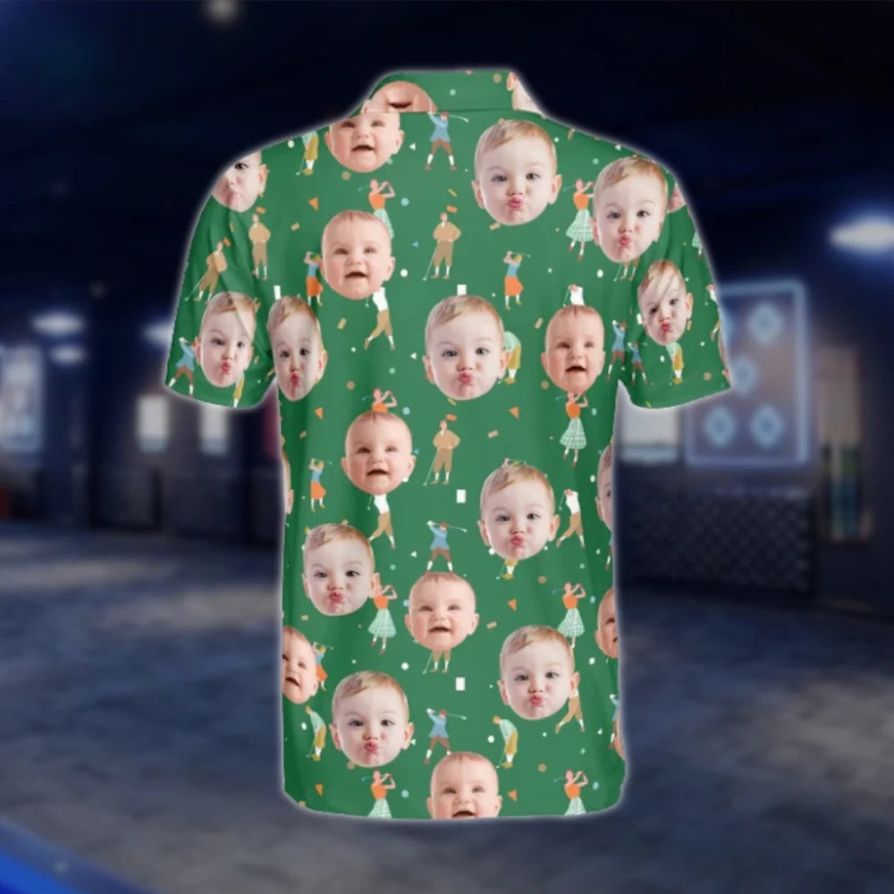 Custom Kid Face Mens Green Golf Polo Shirts, Custom Photo Golf Shirts GOF0260