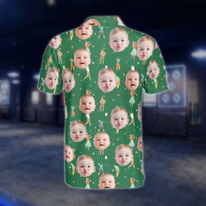 Custom Kid Face Mens Green Golf Polo Shirts, Custom Photo Golf Shirts GOF0260