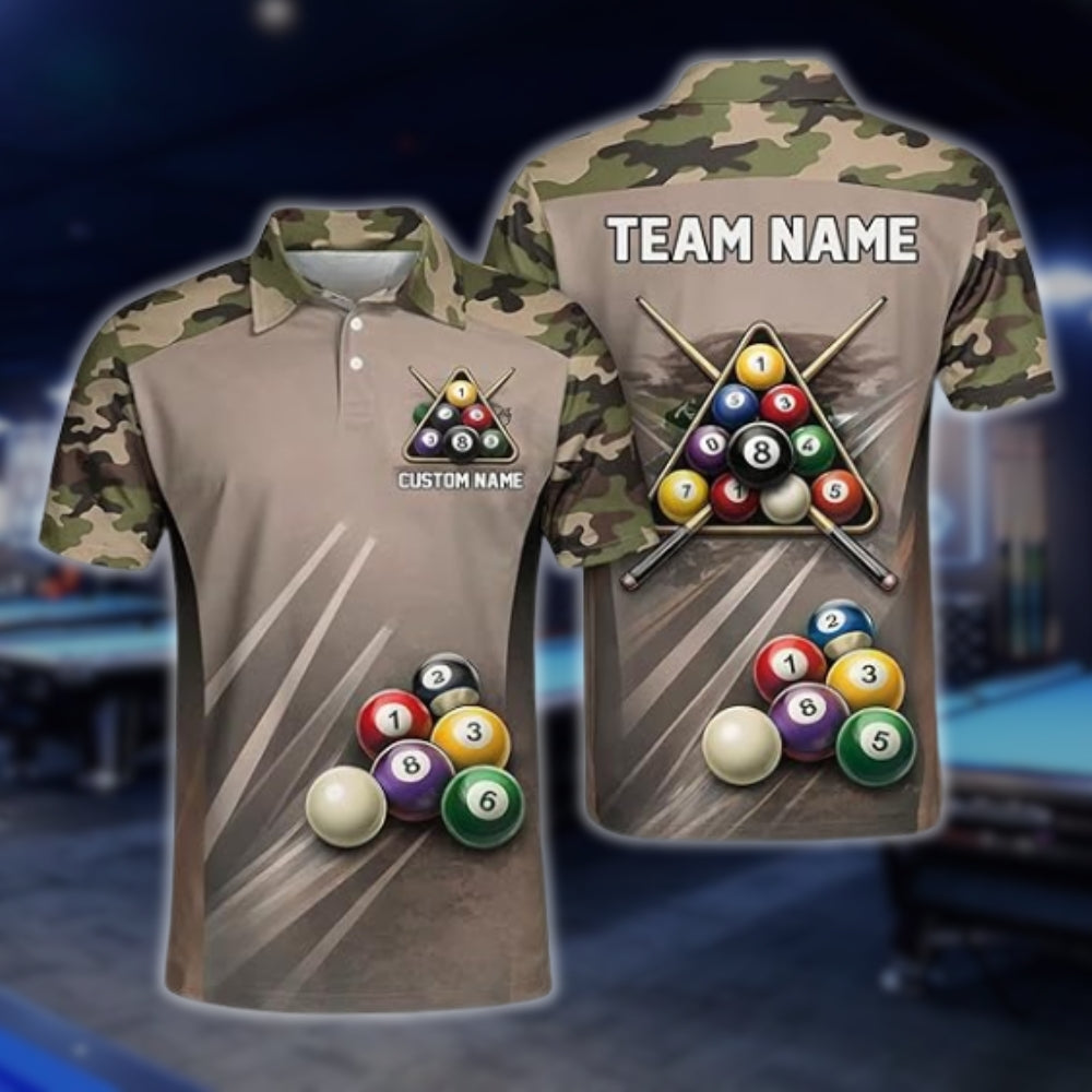 Custom Camouflage Billiard Polo Shirts For Men, Custom Camo Pool Billiard Team Shirts BLD0049
