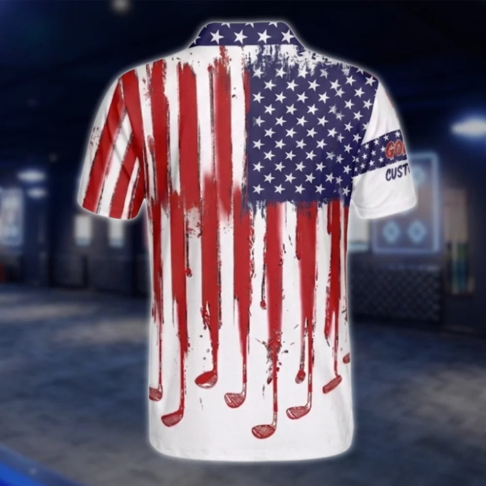 Personalized American Flag White Red Blue Men's Golf Polo Shirt, Custom Patriotic Golf Shirt GOF0098