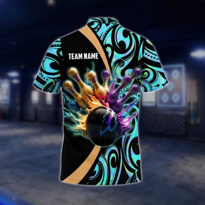 Personalized Golden Pins Men's Tribal Bowling Polo Shirt, Custom Tribal Bowling Shirt For Team BZ0803 BOW0102