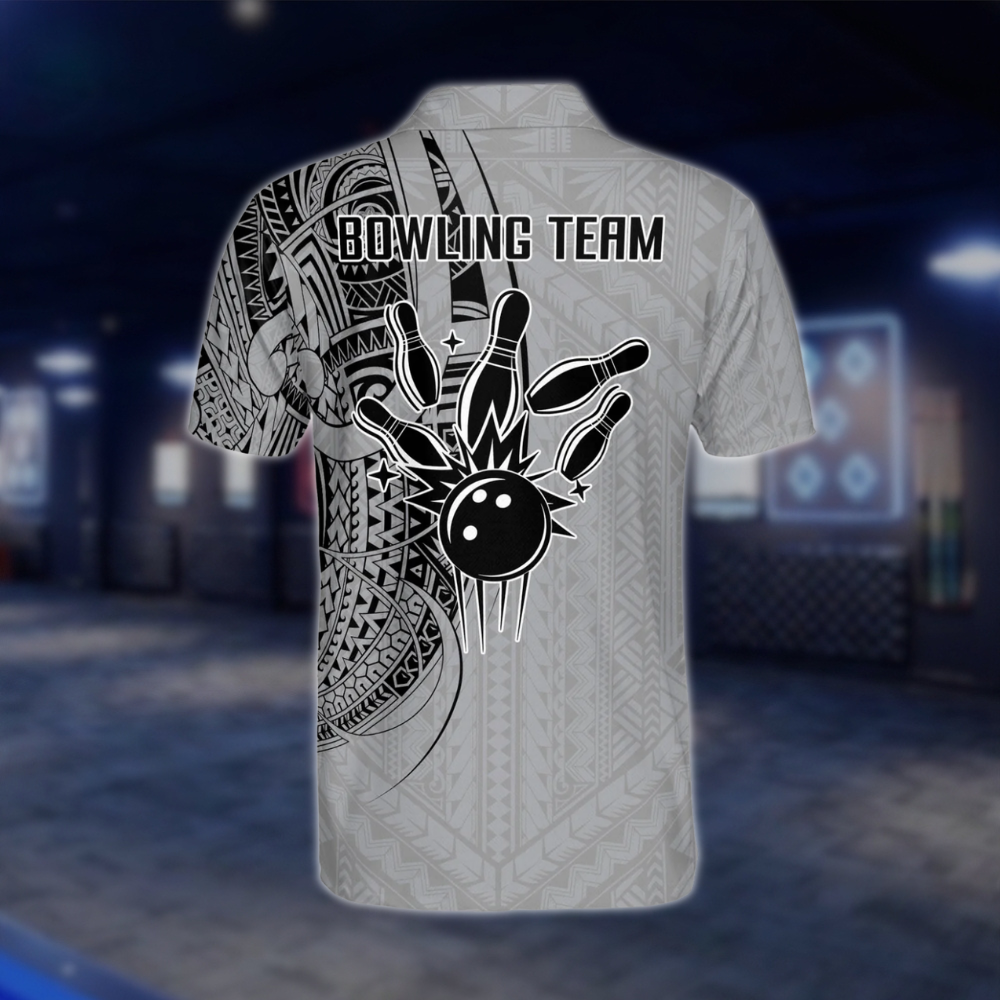 Custom Tribal Grey Black Bowling Mens Polo Shirt, Custom Tribal Bowling Team Shirts BZ0205 BOW0277
