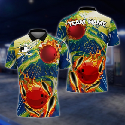 Personalized Flame Bowling Men's Polo Shirt, Custom Flame Bowling Shirts For Team BZ0733 BOW0185