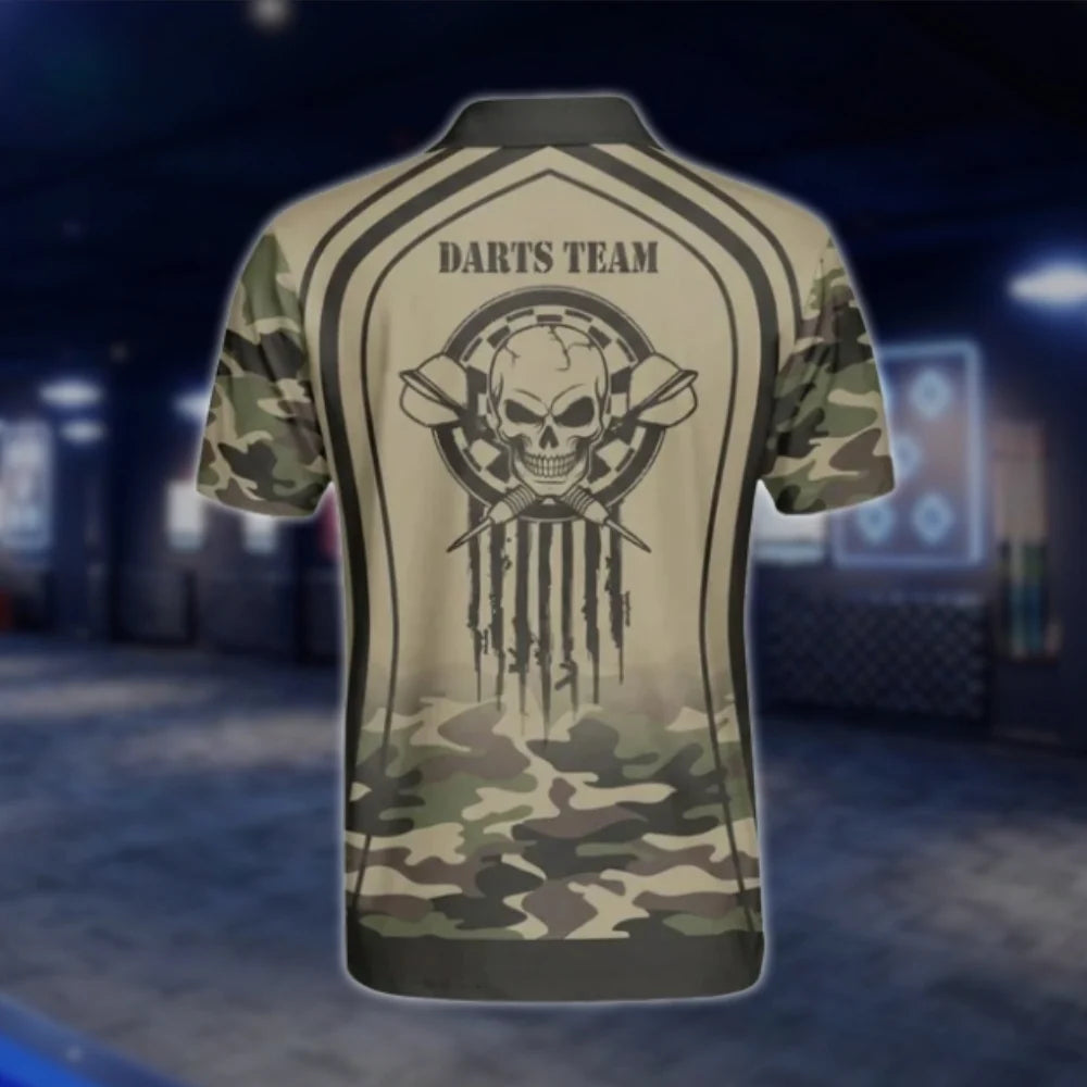 Custom Skull Camo Mens Dart Polo Shirt Brown, Custom Camo Dart Team Shirts DAT0376
