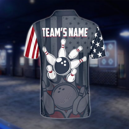 USA Flag Custom Mens Navy Bowling Polo Shirt, Custom Patriotic Bowling Team Shirts BZ0209 BOW0278