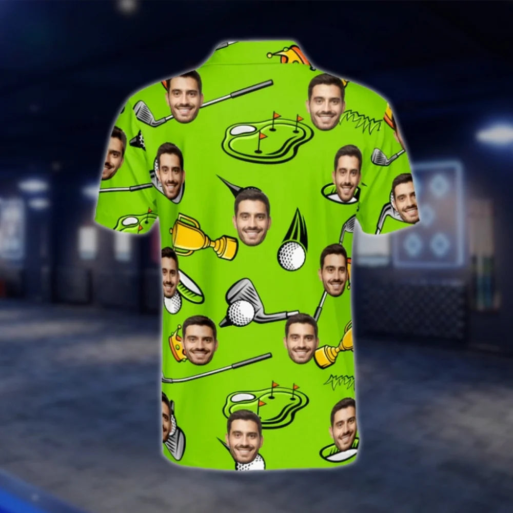 Custom Face Green Golf Pattern Mens Golf Polo Shirt, Personalized Photo Golf Shirt For Men GOF0157