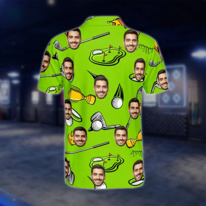 Custom Face Green Golf Pattern Mens Golf Polo Shirt, Personalized Photo Golf Shirt For Men GOF0157