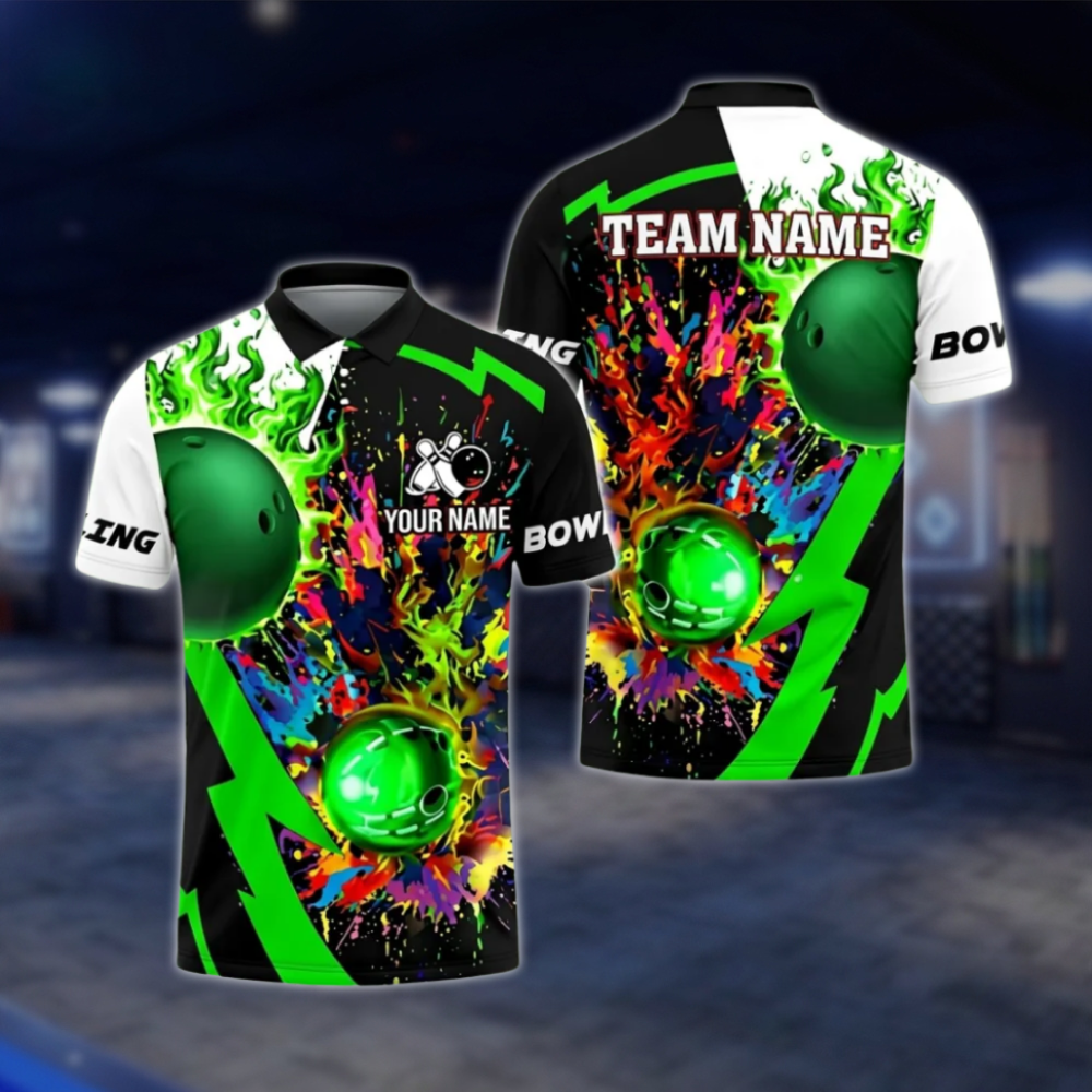 Custom Flame Ball Colorful Bowling Polo Shirts Men, Custom Flame Bowling Team Shirts SO1093 BOW0451