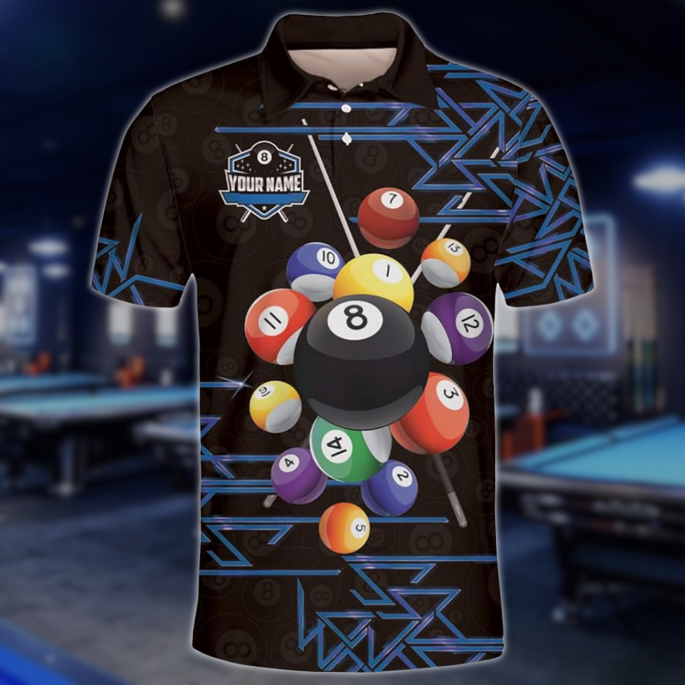 Custom Black And Gold 8 Ball Billiard Team Polo Shirts For Mens, Custom Billiard Team Shirts BLD0258