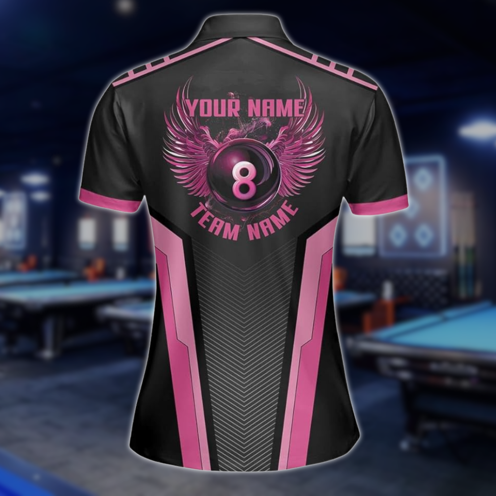 Custom Black Pink 8 Ball Billiard Polo Shirt Women, Custom 8 Ball Billiard Team Shirts For Ladies BLD0023