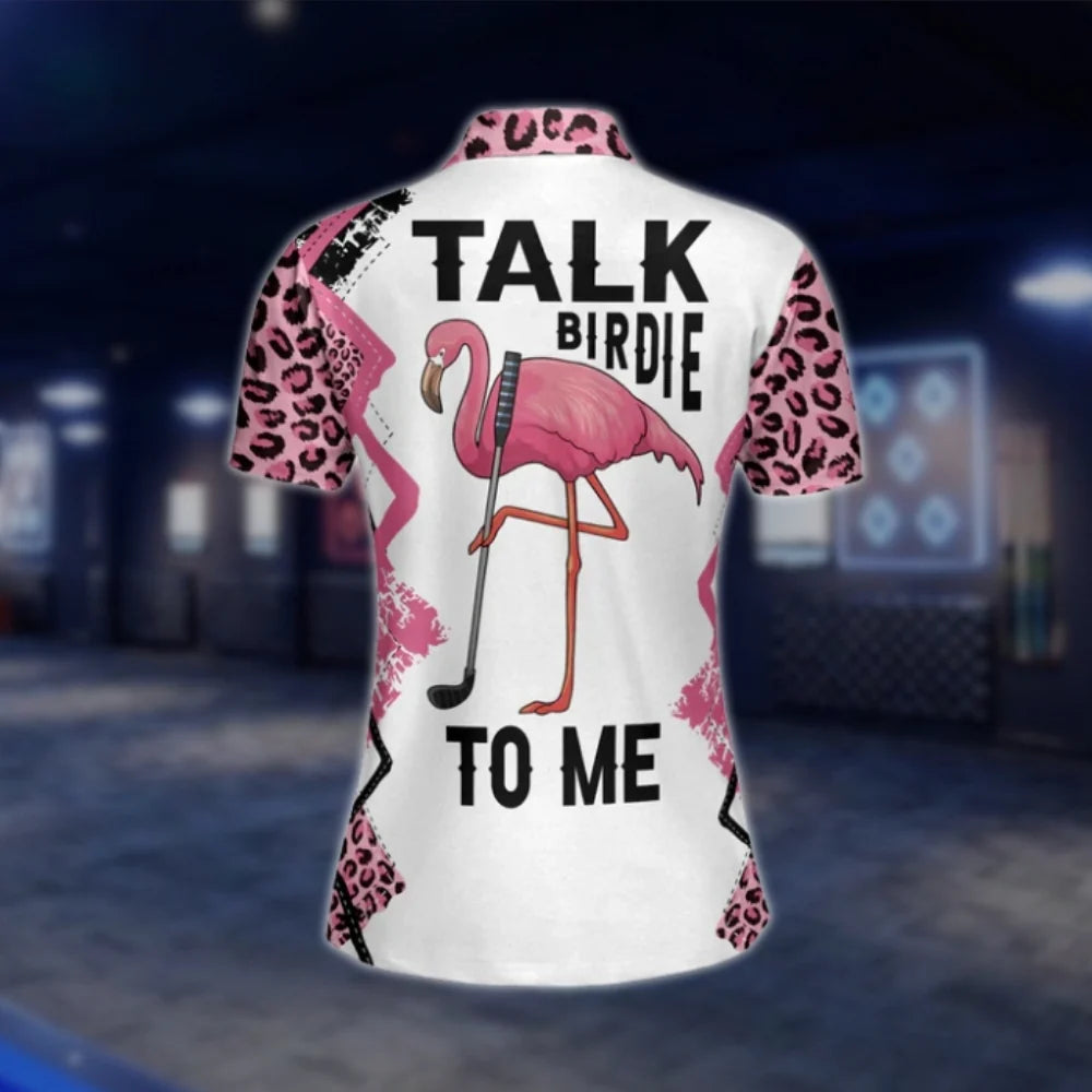 Custom Talk Birdie To Me Women's Flamingo Golf Shirts, Custom Funny Flamingo Golf Shirts Ladies GOF0288