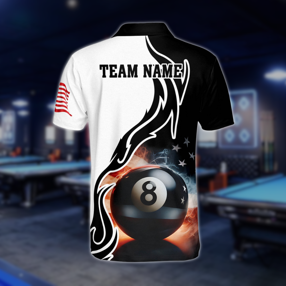 Black And White Custom 8 Ball American Flag Billiard Men Polo Shirts, Custom Patriotic Billiard Team Shirts BLD0007
