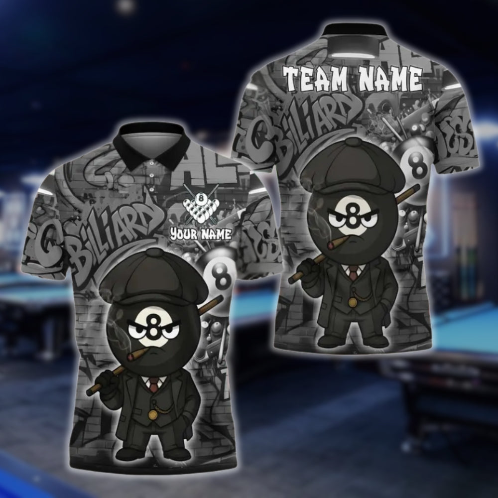 Custom 8 Ball Graffiti Men's Billiard Polo Shirts, Custom 8 Ball Pool Team Shirts BLD0045