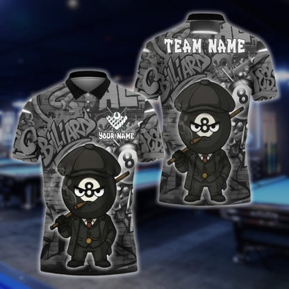 Custom 8 Ball Graffiti Men's Billiard Polo Shirts, Custom 8 Ball Pool Team Shirts BLD0045