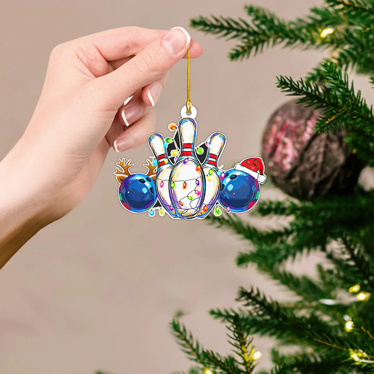 Blue Bowling Ball White Skittles Christmas Ornament ORN0076
