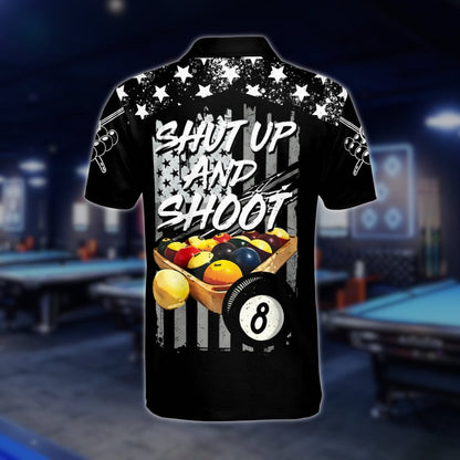 Shut Up And Shoot Custom USA Flag Billiard Men Polo Shirts, Custom Funny Patriotic Billiard Team Shirts BLD0026